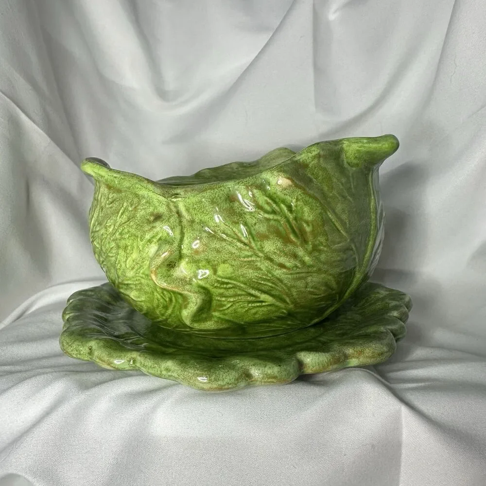 Vtg 1970s Holland Mold Green Cabbage Leaf Covered Ceramic Bowl & Plate Set